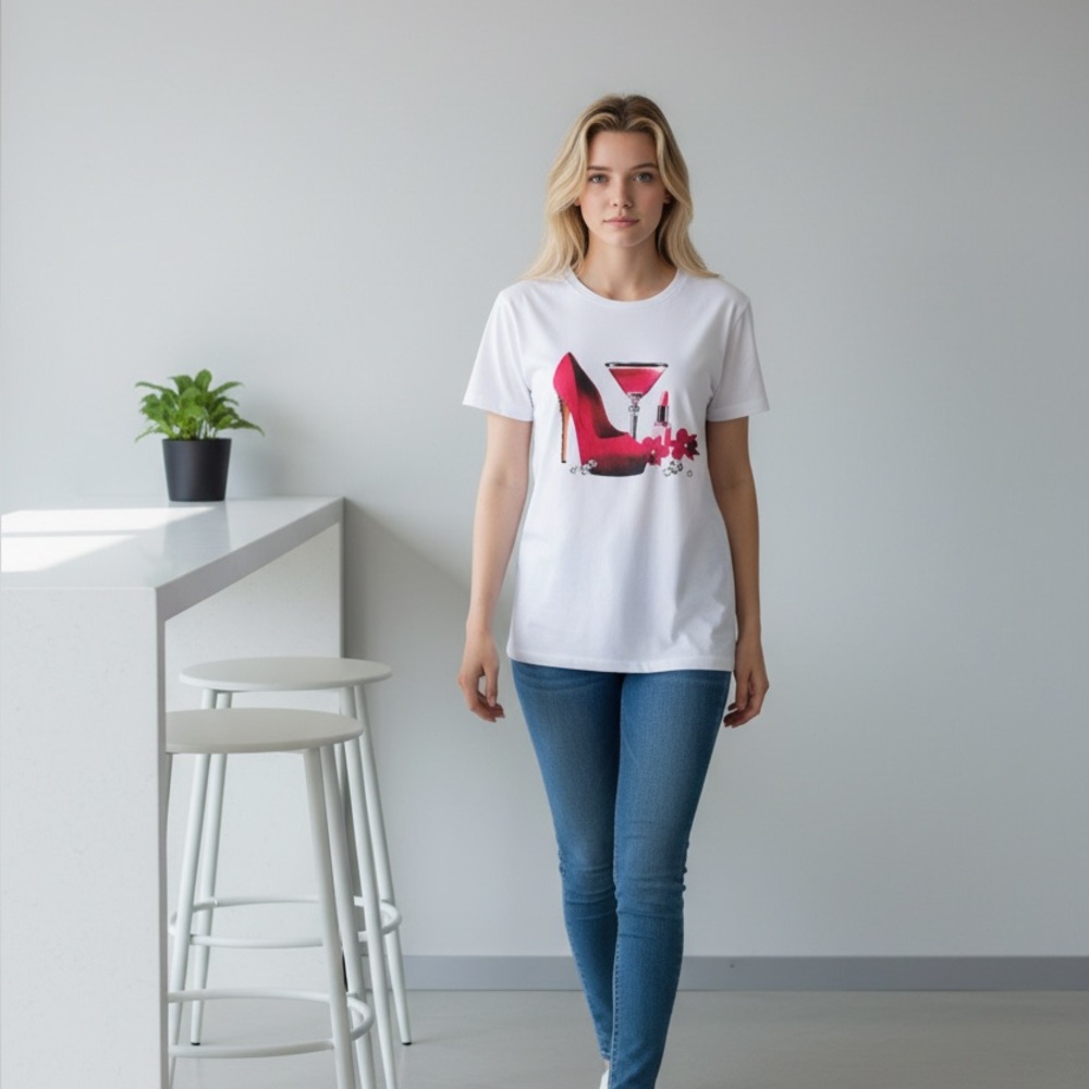 White T-Shirt with Red High Heel and Martini Graphic